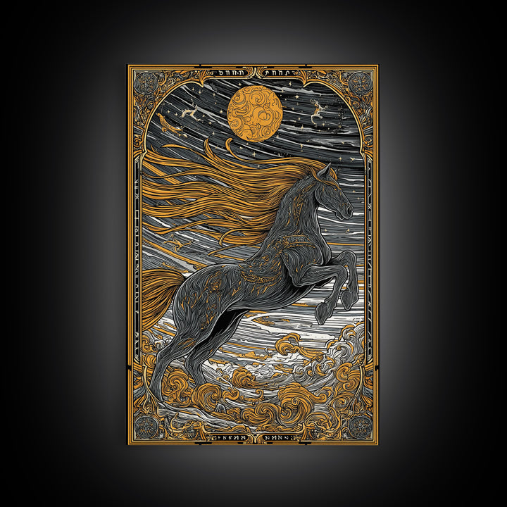 Sleipnir Norse Myth Horse Wall Decor, Canvas Gold Art and Canvas Art, Viking Equestrian Nordic Office Art framed in natural wood