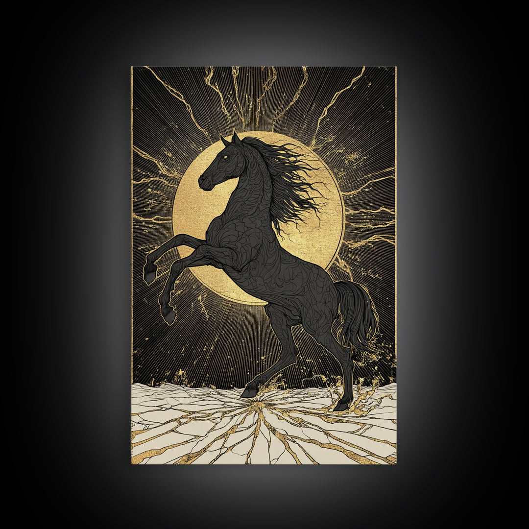 Sleipnir Norse Horse Canvas Gold Art Nordic Mythology Canvas Art for Office or Man Cave, framed in natural real wood