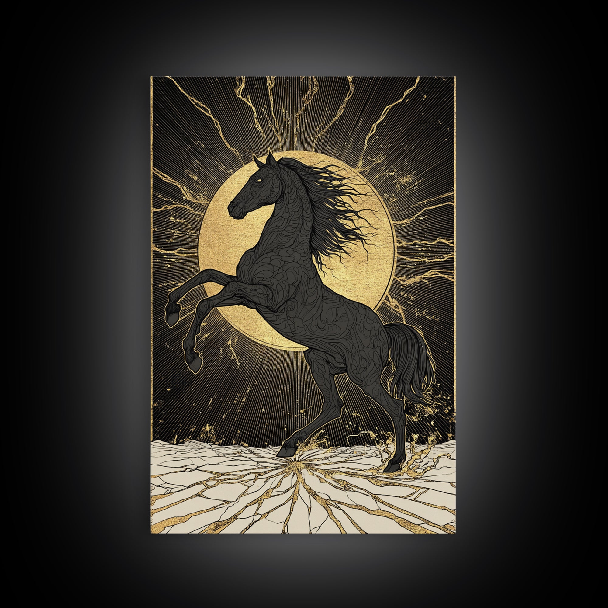 Sleipnir Norse Horse Canvas Gold Art Nordic Mythology Canvas Art for Office or Man Cave, framed in natural real wood