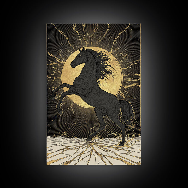 Sleipnir Norse Horse Canvas Gold Art Nordic Mythology Canvas Art for Office or Man Cave, framed in natural real wood