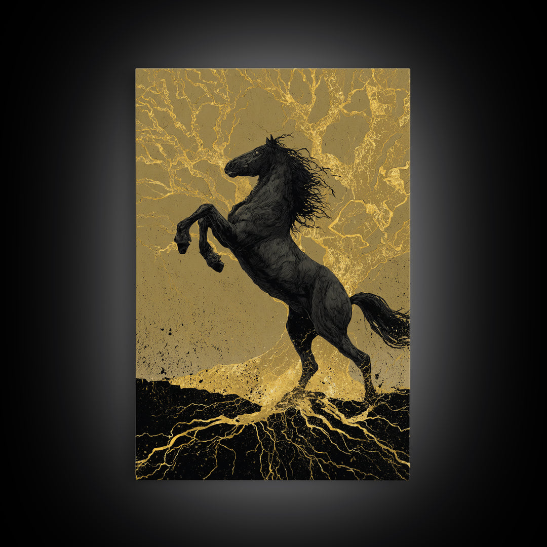 Odin’s Horse Sleipnir Canvas Art Canvas Gold Art Norse Mythology Wall Decor Man Cave Office Art with real wood handcrafted frame