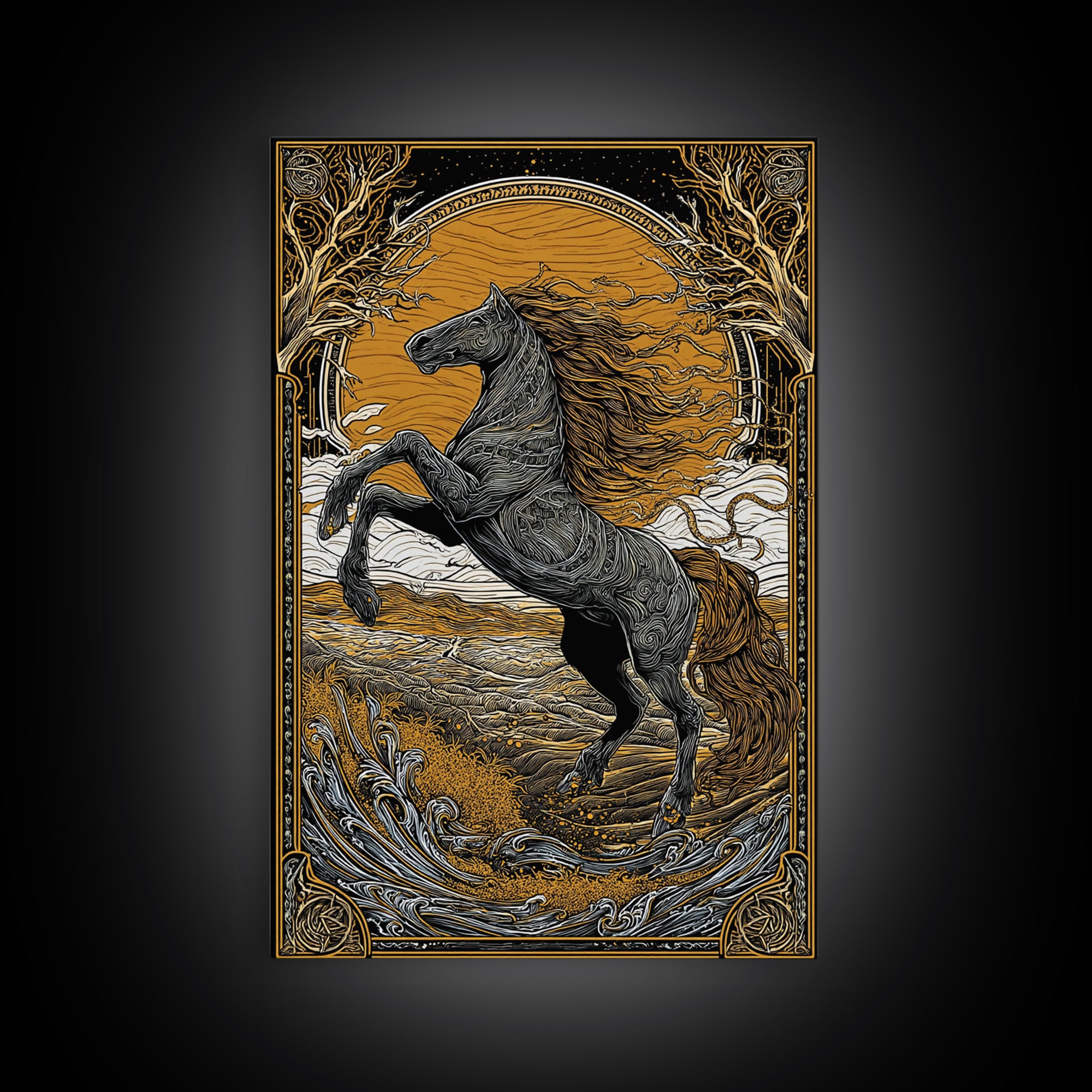 Canvas Gold Art Sleipnir Norse Mythology Horse Wall Canvas Art Nordic Viking Decor Dad Gift Office Art in rustic real wood frame