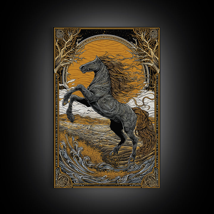 Canvas Gold Art Sleipnir Norse Mythology Horse Wall Canvas Art Nordic Viking Decor Dad Gift Office Art in rustic real wood frame