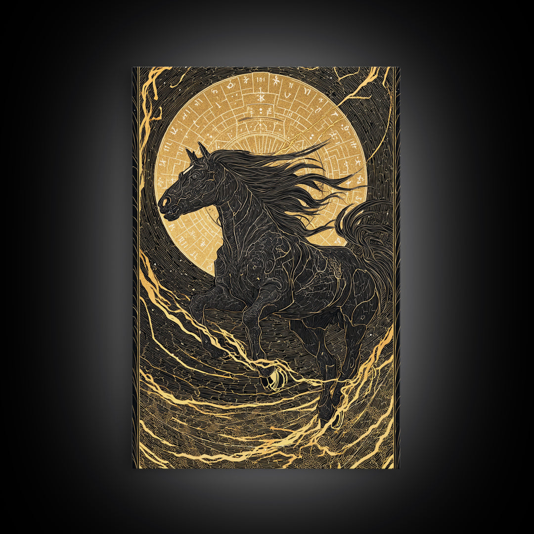 Sleipnir Odin’s Horse Norse Mythology Wall Decor, Canvas Gold Art and Canvas Art, Viking Horse Office Art framed in real wood