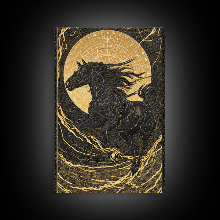 Sleipnir Odin’s Horse Norse Mythology Wall Decor, Canvas Gold Art and Canvas Art, Viking Horse Office Art framed in real wood