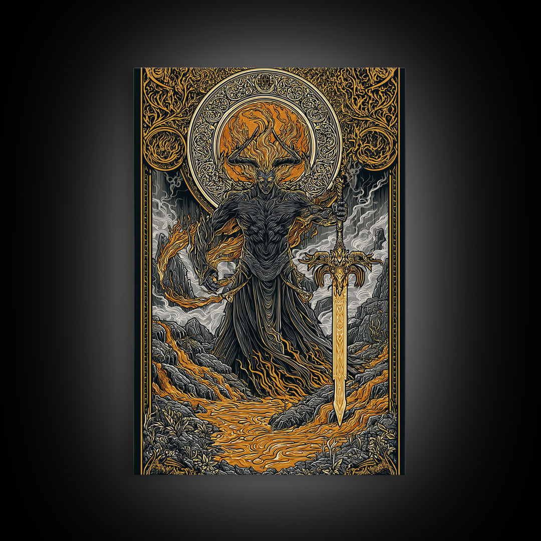 Surtur Fire Giant Norse Mythology Canvas Gold Art Viking Canvas Art Dad Gift Office Wall Decor framed with natural real wood