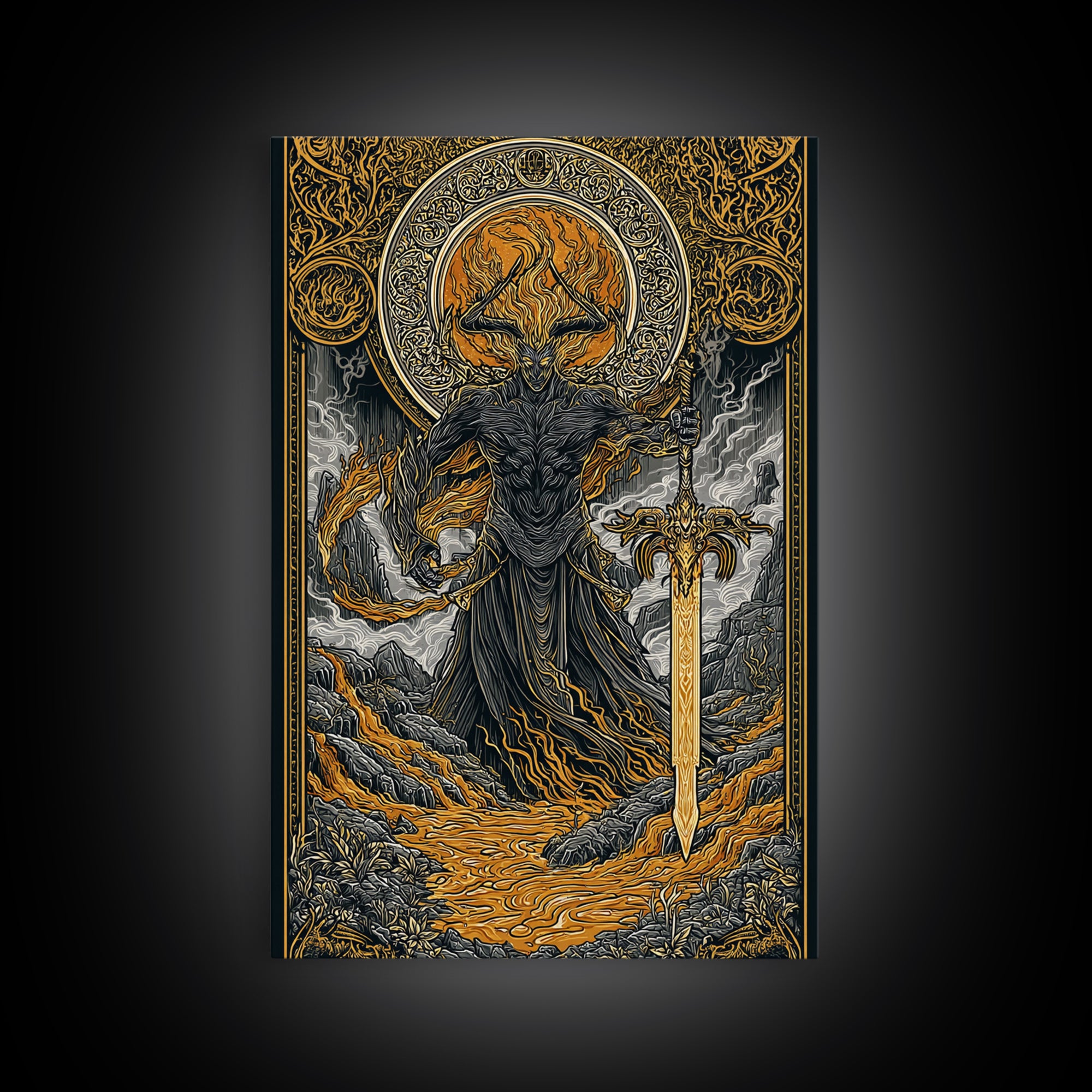 Surtur Fire Giant Norse Mythology Canvas Gold Art Viking Canvas Art Dad Gift Office Wall Decor framed with natural real wood