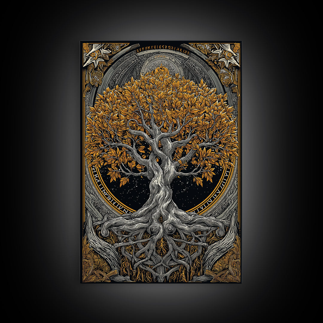 Yggdrasil World Tree Canvas Gold Art Canvas Art Norse Mythology Decor framed in natural wood for Office Wall or Man Cave Gift