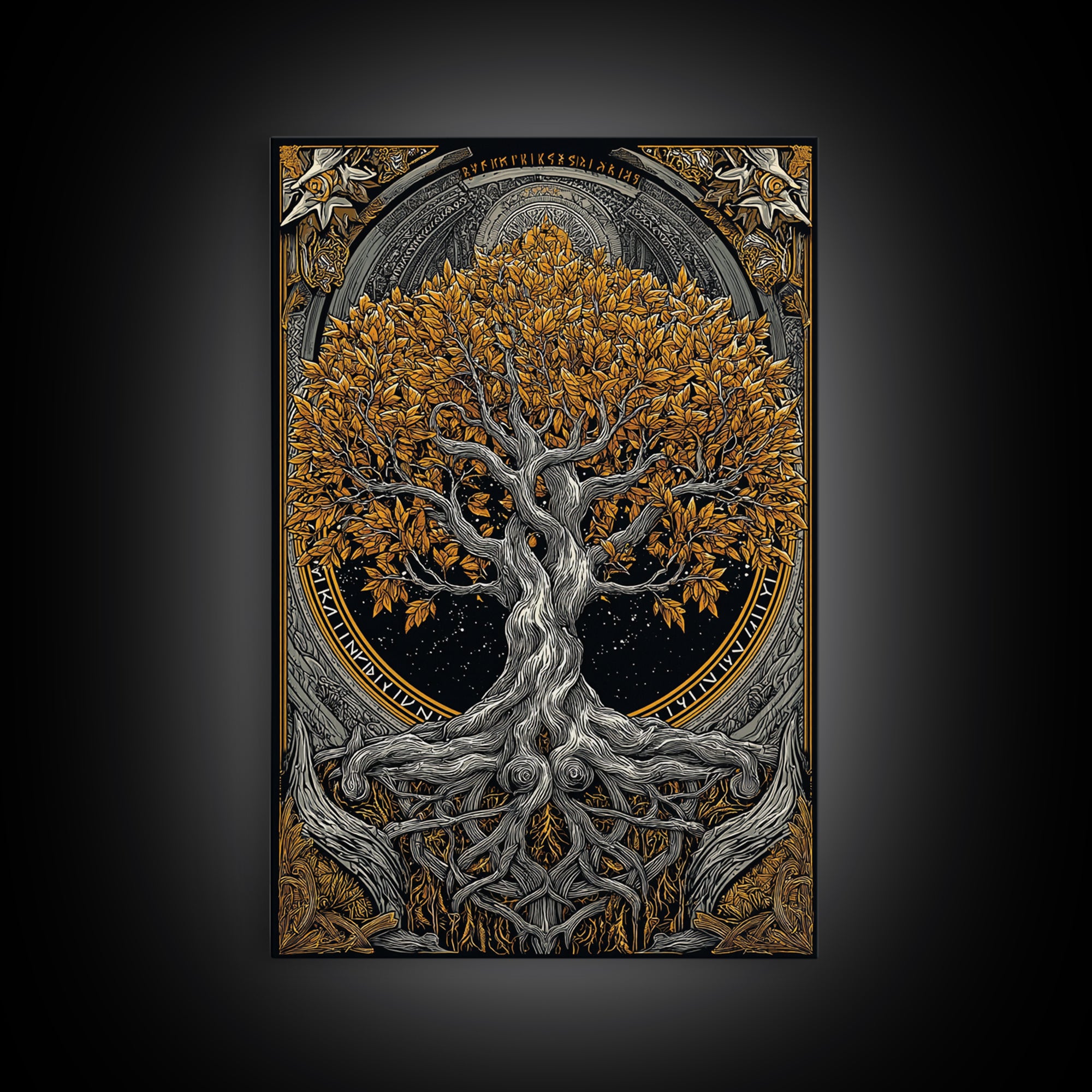 Yggdrasil World Tree Canvas Gold Art Canvas Art Norse Mythology Decor framed in natural wood for Office Wall or Man Cave Gift