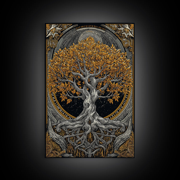 Yggdrasil World Tree Canvas Gold Art Canvas Art Norse Mythology Decor framed in natural wood for Office Wall or Man Cave Gift