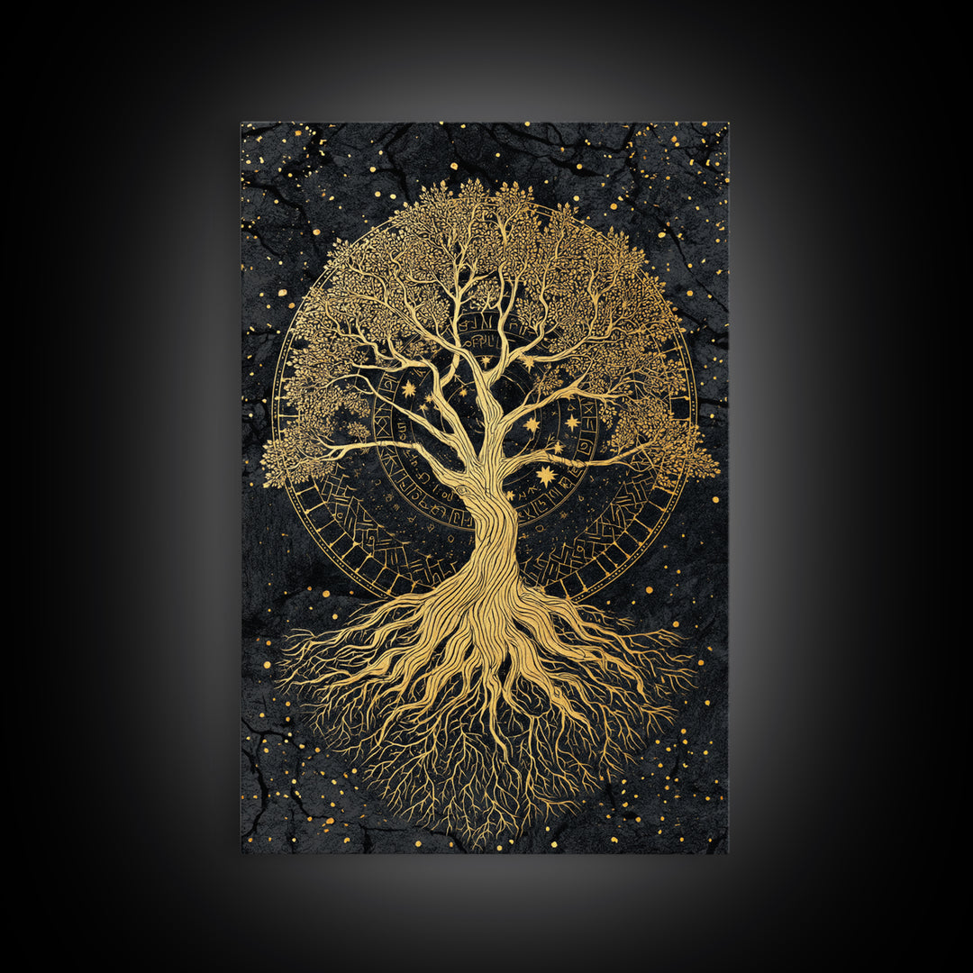 Nordic Yggdrasil Tree of Life Canvas Gold Art Canvas Art with real wood frame, Norse Mythology Office Decor and Dad Gift Idea
