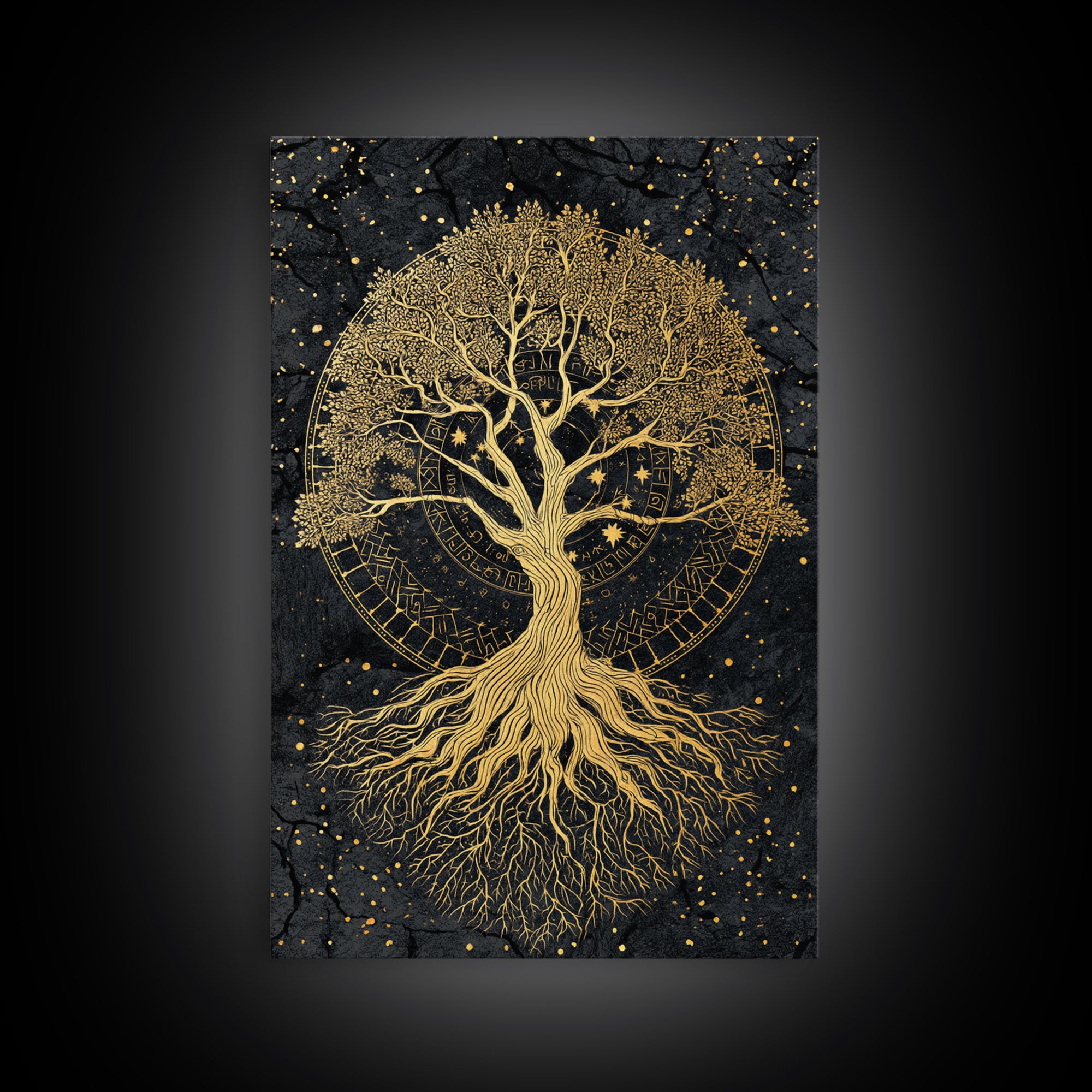 Nordic Yggdrasil Tree of Life Canvas Gold Art Canvas Art with real wood frame, Norse Mythology Office Decor and Dad Gift Idea