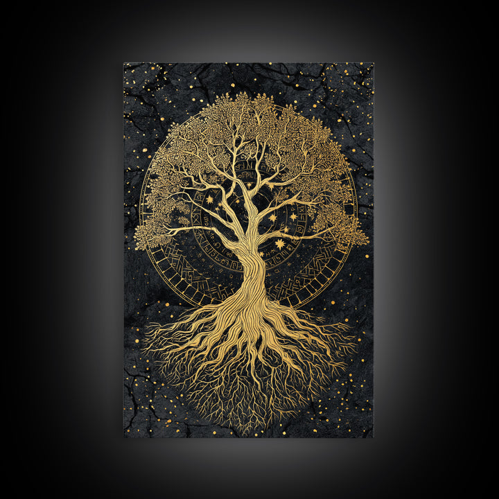 Nordic Yggdrasil Tree of Life Canvas Gold Art Canvas Art with real wood frame, Norse Mythology Office Decor and Dad Gift Idea