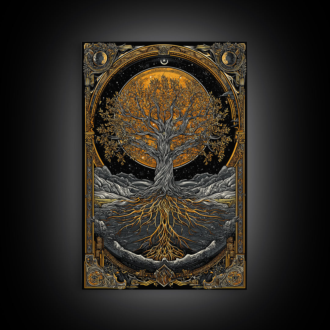 Cosmic World Tree Canvas Gold Art Canvas Art Viking Yggdrasil Norse Wall Art framed in real wood, Perfect for Man Cave Decor