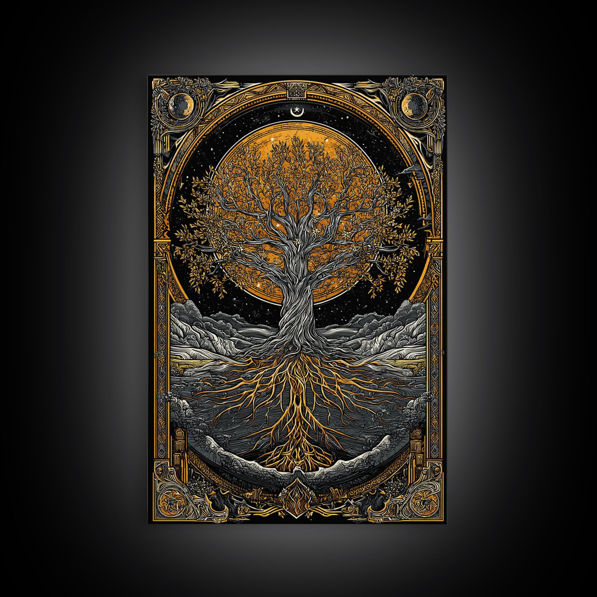 Cosmic World Tree Canvas Gold Art Canvas Art Viking Yggdrasil Norse Wall Art framed in real wood, Perfect for Man Cave Decor