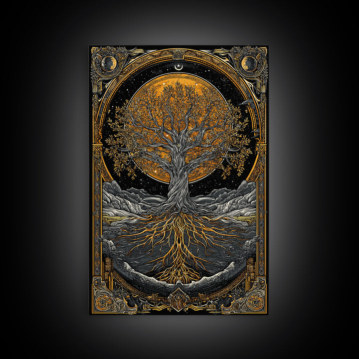 Cosmic World Tree Canvas Gold Art Canvas Art Viking Yggdrasil Norse Wall Art framed in real wood, Perfect for Man Cave Decor