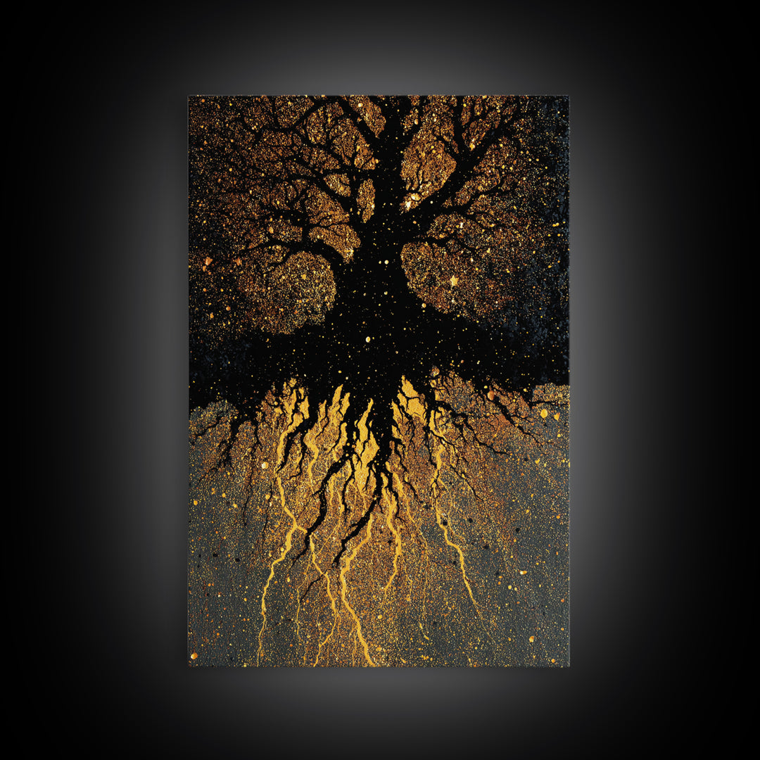 Golden World Tree Canvas Gold Art Canvas Art Norse Mythology Yggdrasil Design in natural wood frame, Office Art or Dad Gift