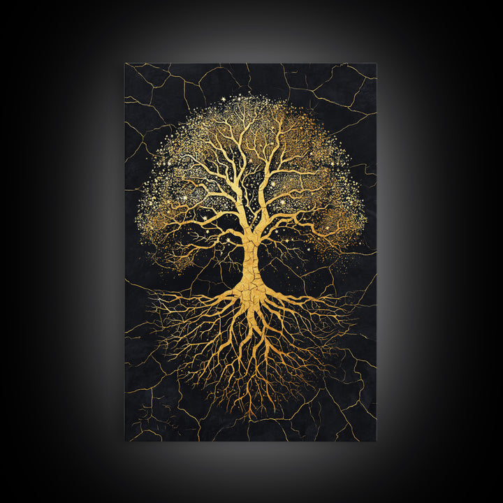 Norse Yggdrasil Tree Canvas Gold Art Canvas Art Celestial Design with roots framed in real wood, Unique Office or Man Cave Art