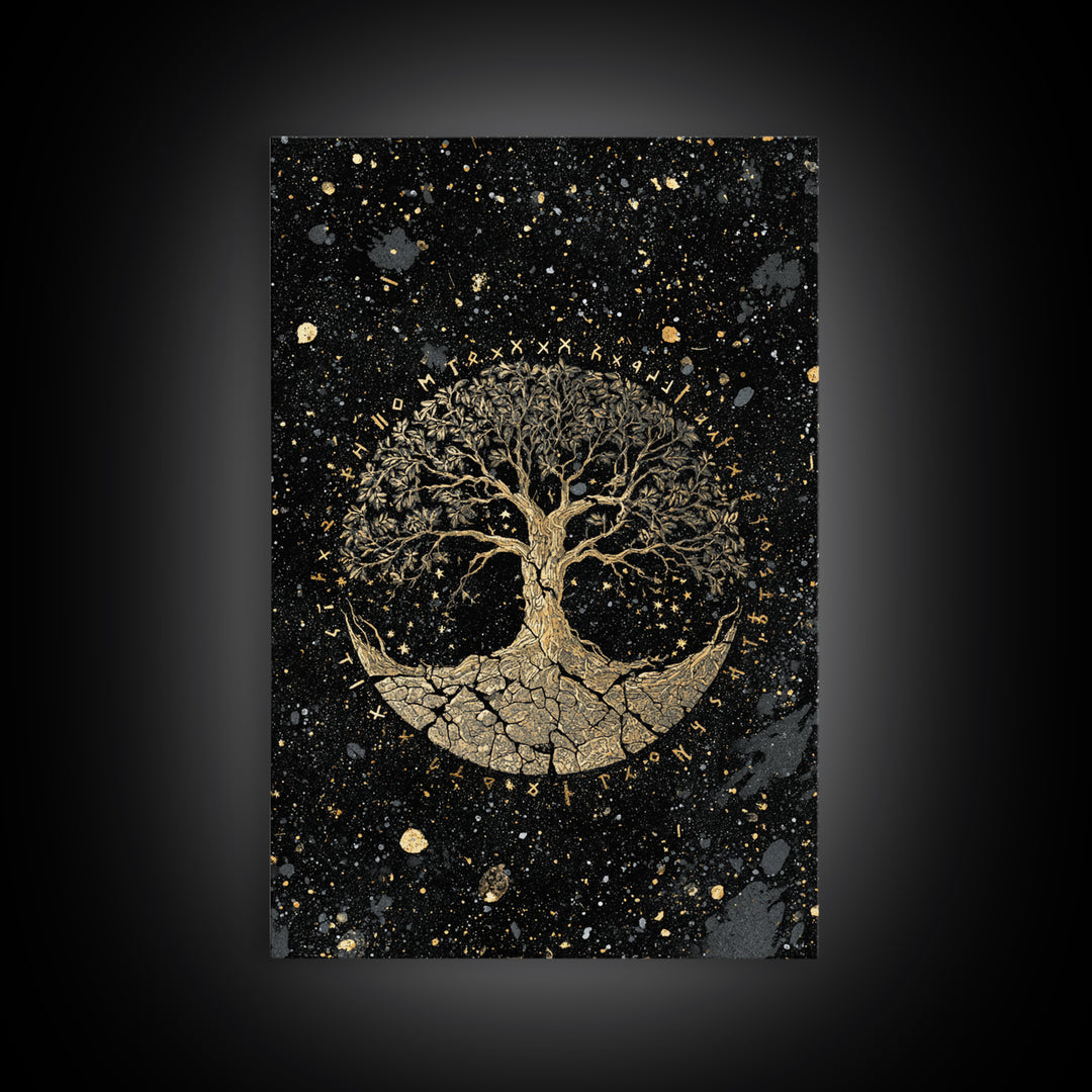 Yggdrasil World Tree Canvas Art Canvas Gold Art Norse Mythology Viking Decor Office Art Man Cave framed in handcrafted real wood