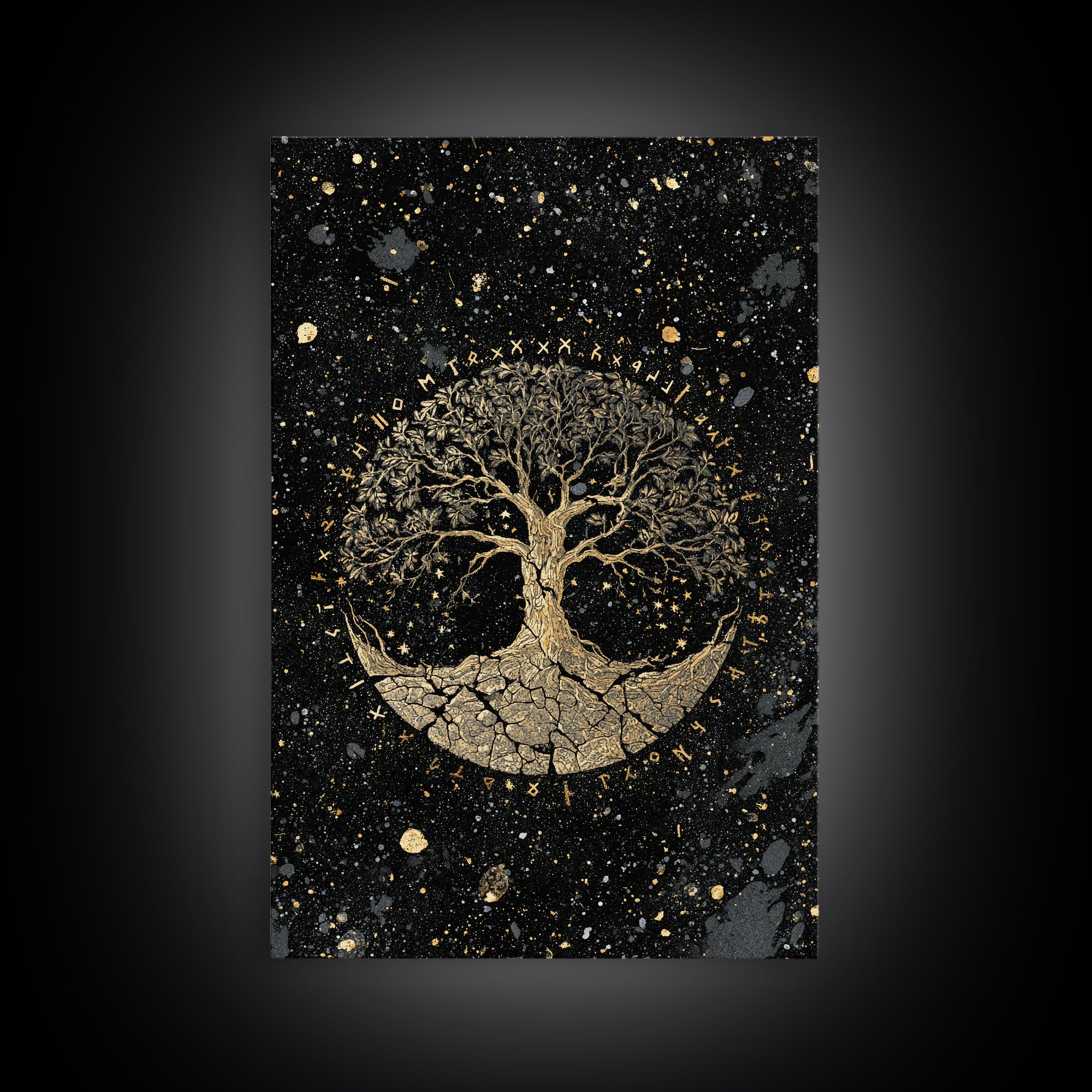 Yggdrasil World Tree Canvas Art Canvas Gold Art Norse Mythology Viking Decor Office Art Man Cave framed in handcrafted real wood