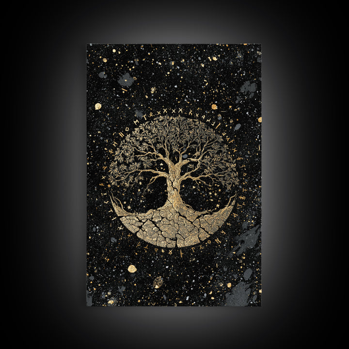 Yggdrasil World Tree Canvas Art Canvas Gold Art Norse Mythology Viking Decor Office Art Man Cave framed in handcrafted real wood