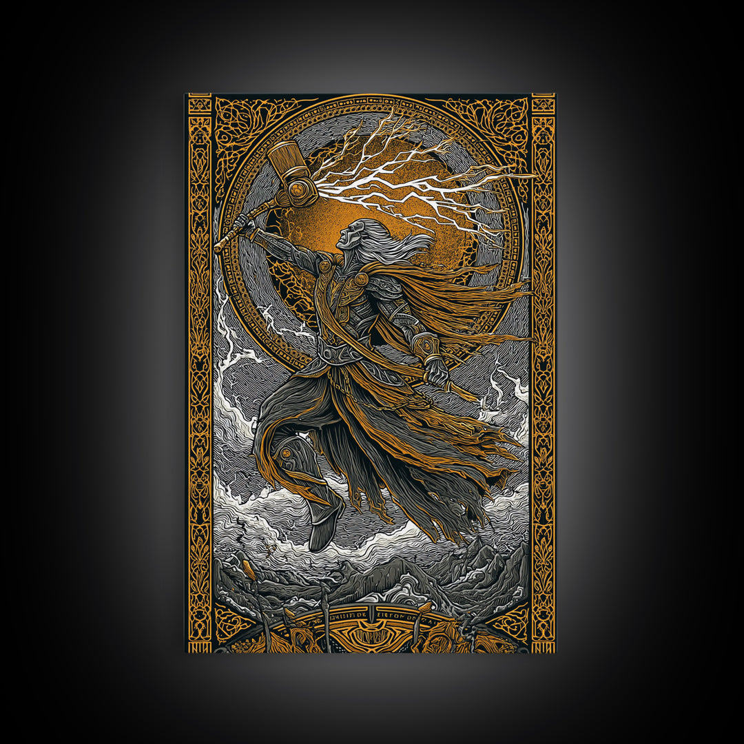 Viking Thor Strikes Canvas Gold Art Canvas Art with real wood frame, Norse Mythology Wall Art Perfect for Man Cave or Office
