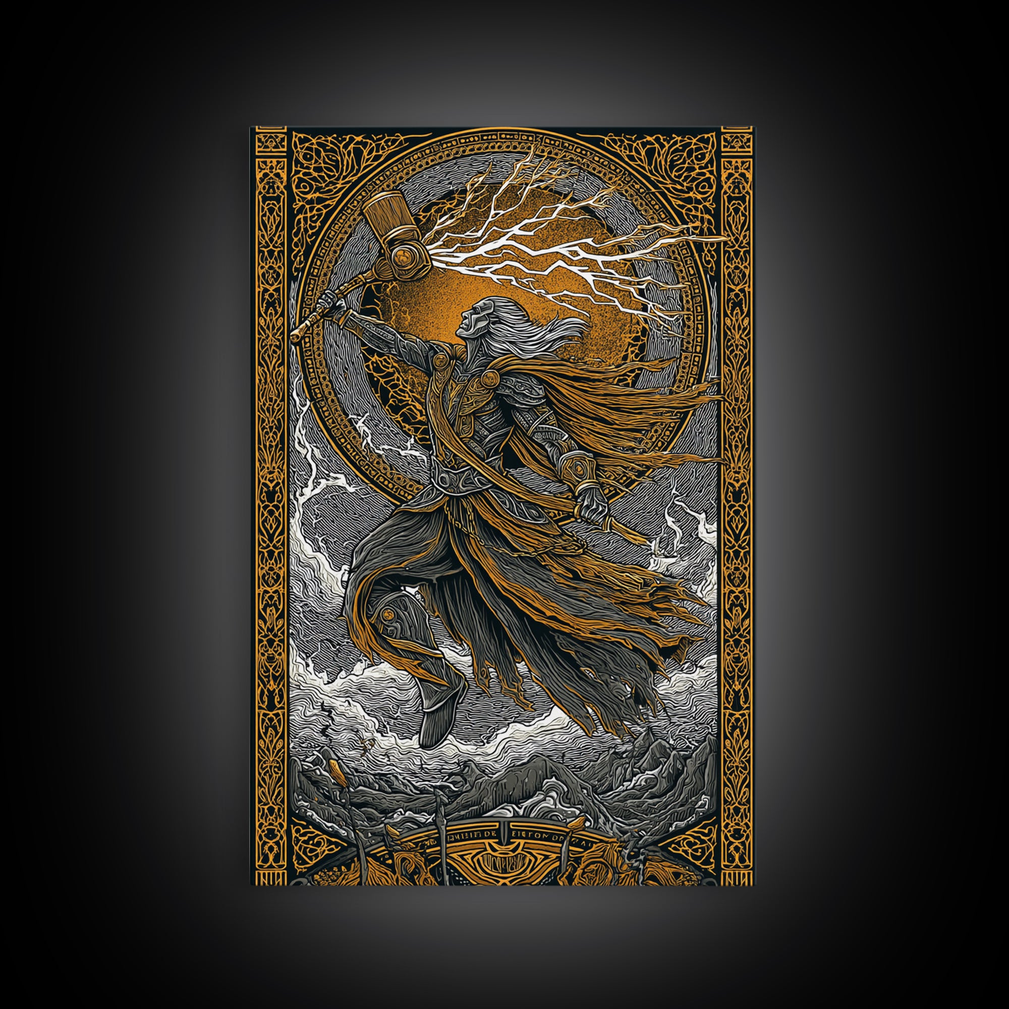 Viking Thor Strikes Canvas Gold Art Canvas Art with real wood frame, Norse Mythology Wall Art Perfect for Man Cave or Office