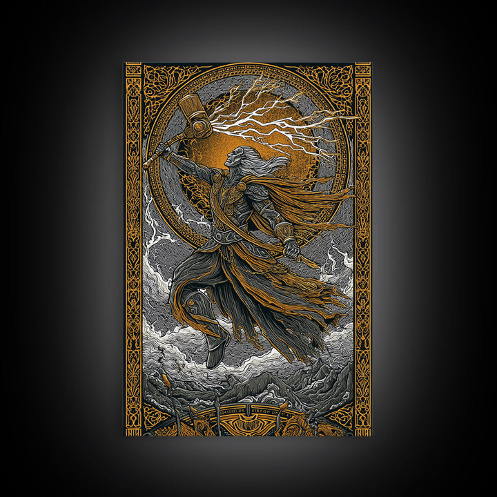 Viking Thor Strikes Canvas Gold Art Canvas Art with real wood frame, Norse Mythology Wall Art Perfect for Man Cave or Office
