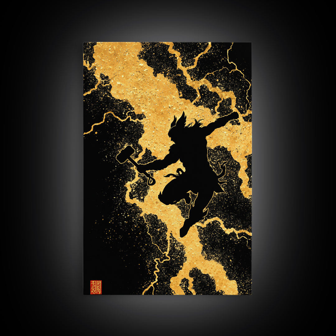 Silhouette Thor Jumping Canvas Gold Art Canvas Art Norse Viking God Wall Decor framed in natural wood, Office Art Dad Gift