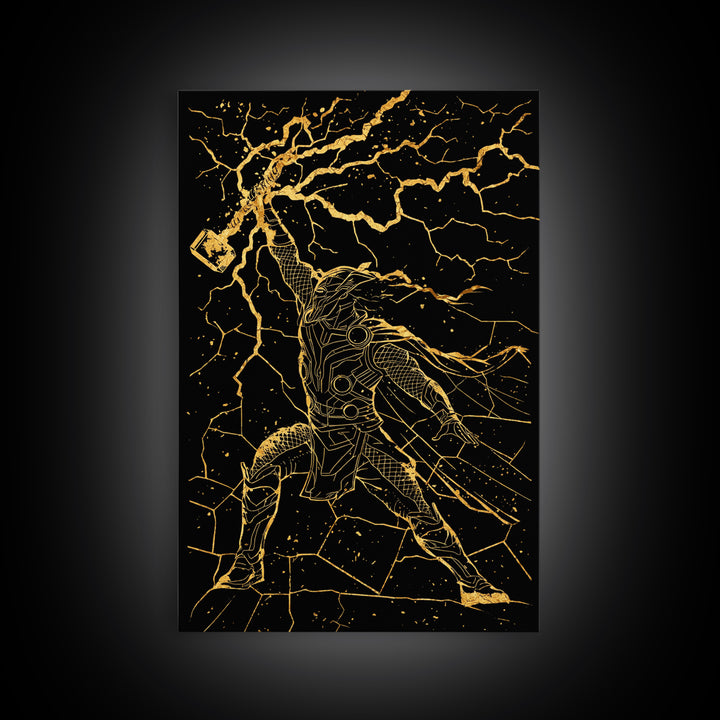 Thor with Lightning Hammer Canvas Gold Art Canvas Art Norse God Wall Art framed in wood, Viking Office Decor or Dad Gift Idea
