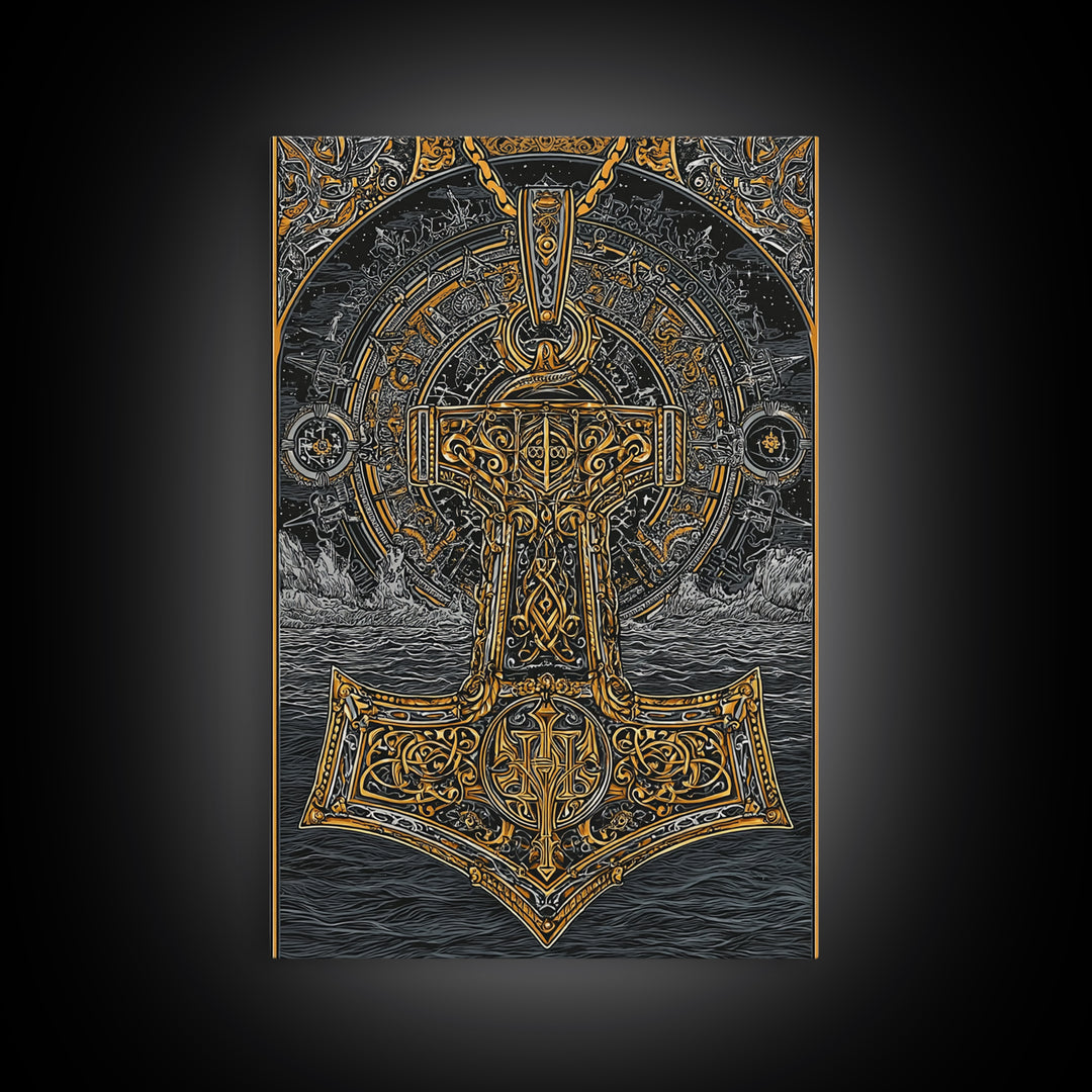 Viking Mjolnir Hammer Canvas Gold Art Canvas Art Norse Mythology Thor Symbol framed in natural wood, Office Wall Art for Men