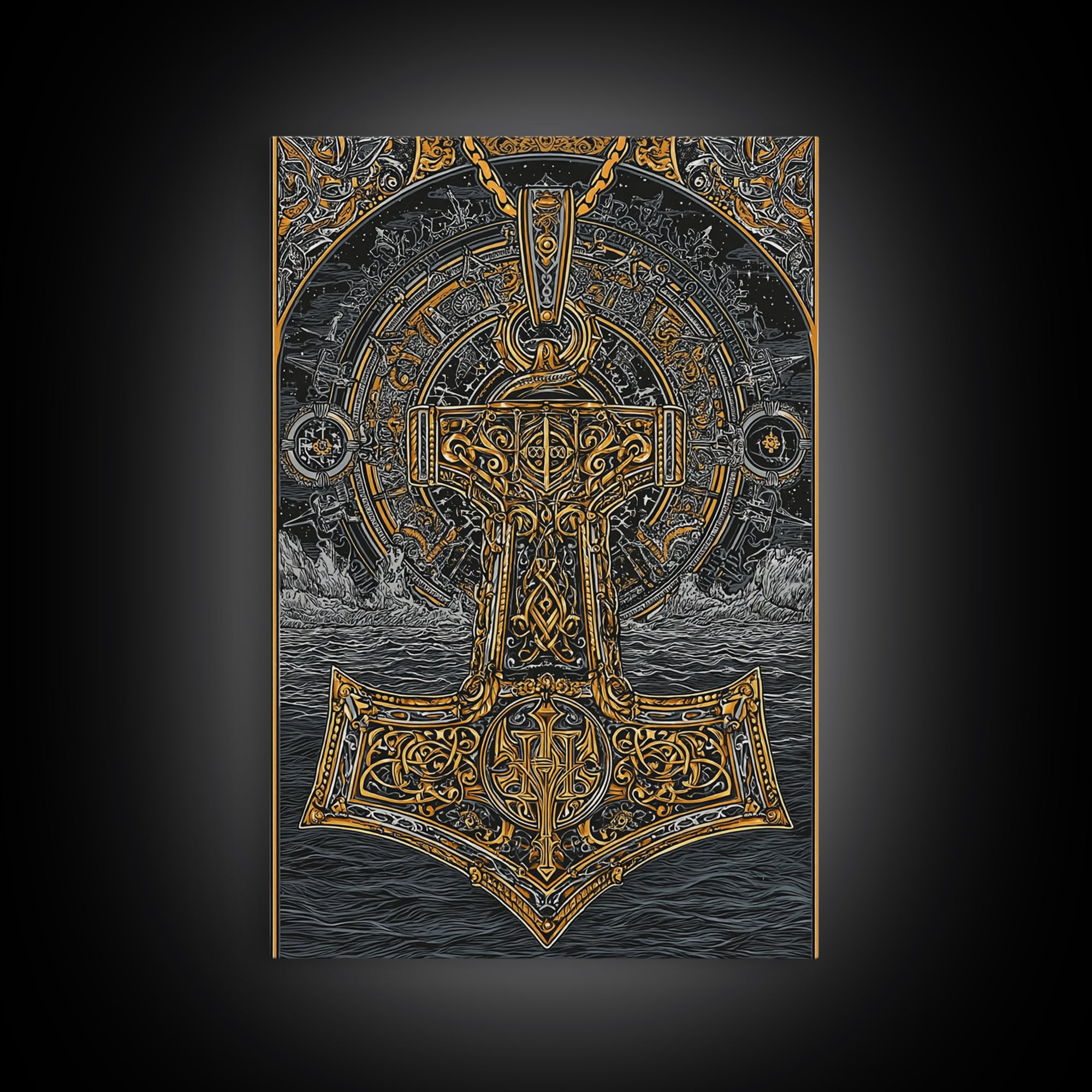 Viking Mjolnir Hammer Canvas Gold Art Canvas Art Norse Mythology Thor Symbol framed in natural wood, Office Wall Art for Men
