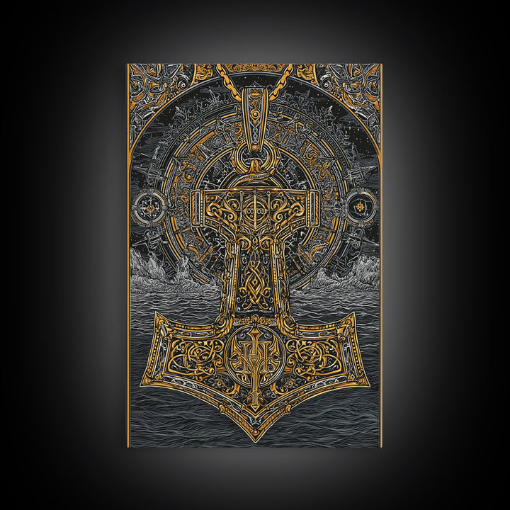 Viking Mjolnir Hammer Canvas Gold Art Canvas Art Norse Mythology Thor Symbol framed in natural wood, Office Wall Art for Men