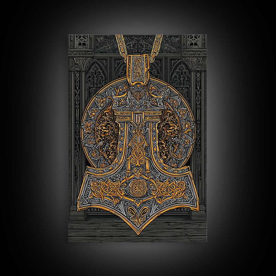 Thor’s Hammer Pendant Canvas Gold Art Nordic Canvas Art, Norse Mythology Wall Decor for Man Cave, framed in natural wood
