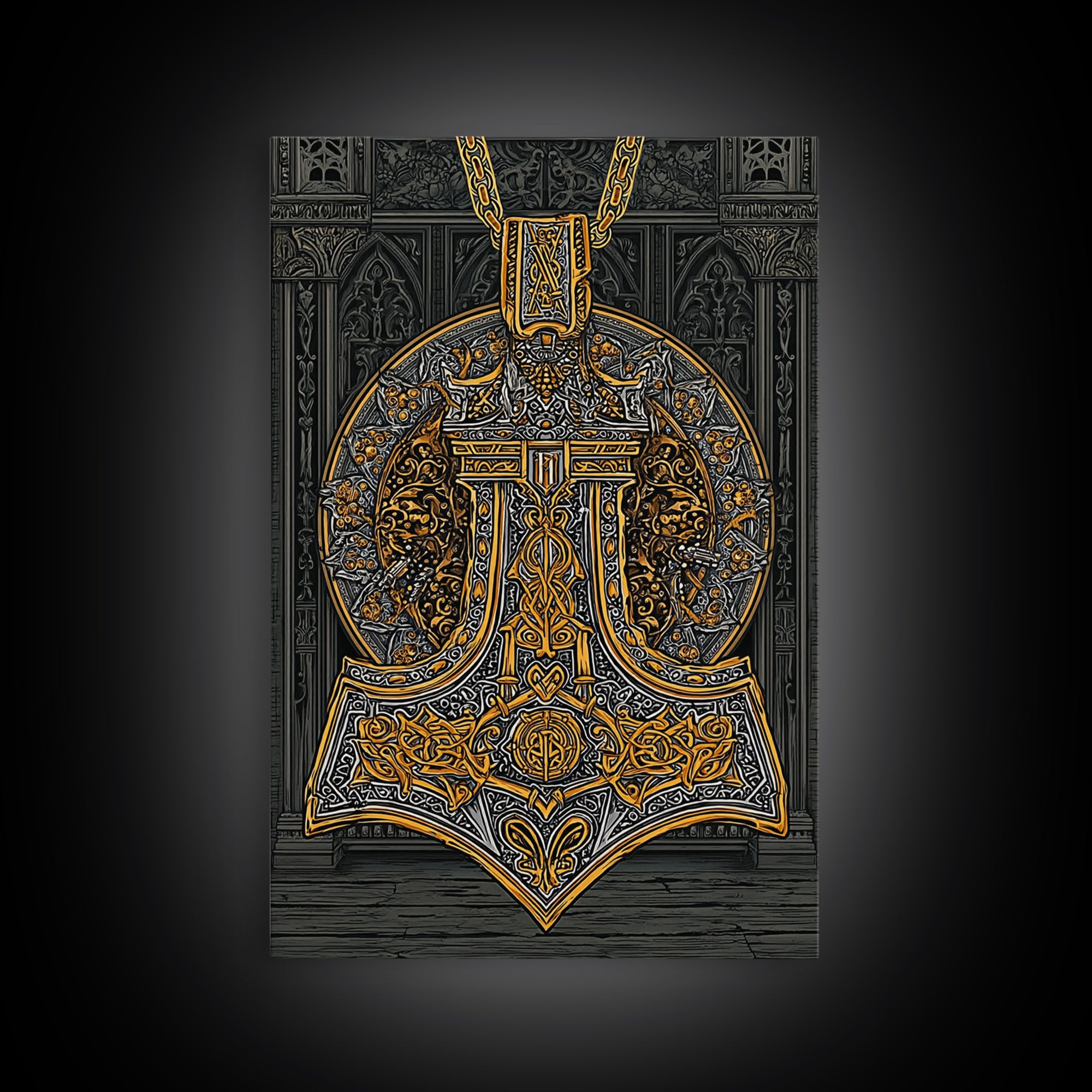 Thor’s Hammer Pendant Canvas Gold Art Nordic Canvas Art, Norse Mythology Wall Decor for Man Cave, framed in natural wood