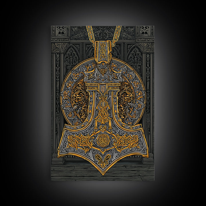 Thor’s Hammer Pendant Canvas Gold Art Nordic Canvas Art, Norse Mythology Wall Decor for Man Cave, framed in natural wood