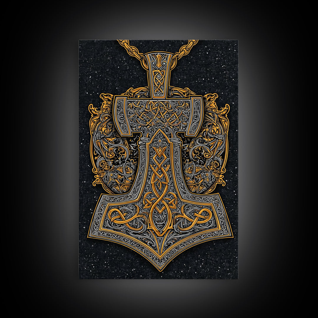 Norse Thor’s Hammer Canvas Gold Art Canvas Art Viking Mjolnir Pendant Design with real wood frame, Unique Man Cave Wall Decor