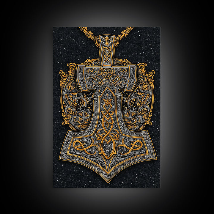 Norse Thor’s Hammer Canvas Gold Art Canvas Art Viking Mjolnir Pendant Design with real wood frame, Unique Man Cave Wall Decor