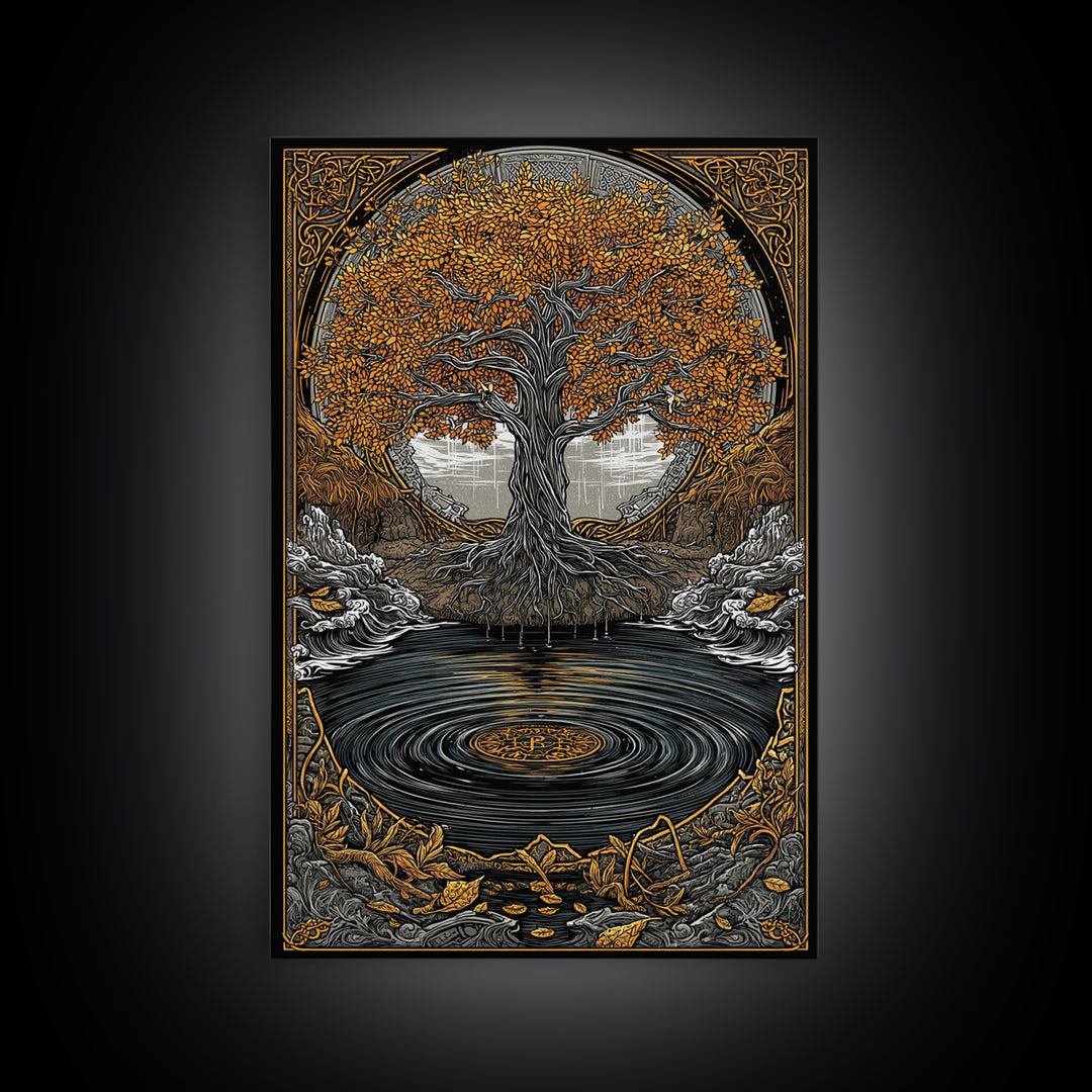 Urd and Yggdrasil Canvas Gold Art Canvas Art, Norse Norns Mythology Wall Art for Dad Gift Office Decor, with real wood frame