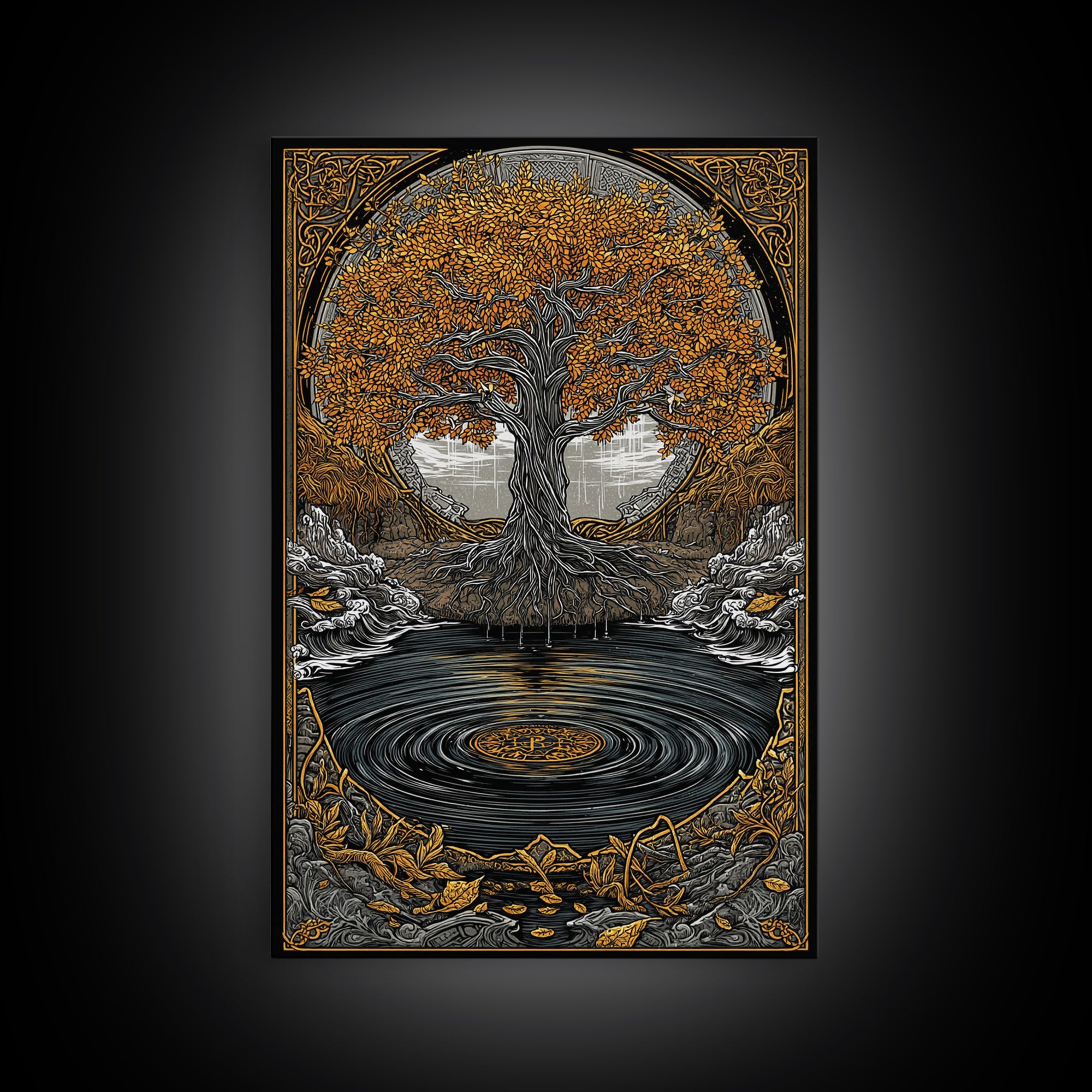 Urd and Yggdrasil Canvas Gold Art Canvas Art, Norse Norns Mythology Wall Art for Dad Gift Office Decor, with real wood frame