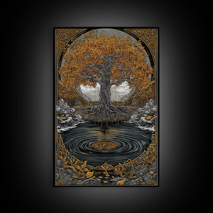 Urd and Yggdrasil Canvas Gold Art Canvas Art, Norse Norns Mythology Wall Art for Dad Gift Office Decor, with real wood frame