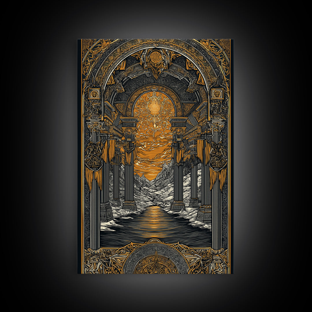 Valhalla Temple Canvas Gold Art Canvas Art, Nordic Mythology Warrior Afterlife Wall Art for Man Cave Decor, framed in wood