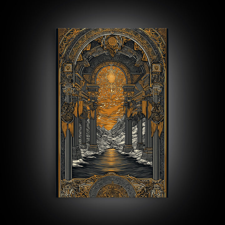 Valhalla Temple Canvas Gold Art Canvas Art, Nordic Mythology Warrior Afterlife Wall Art for Man Cave Decor, framed in wood
