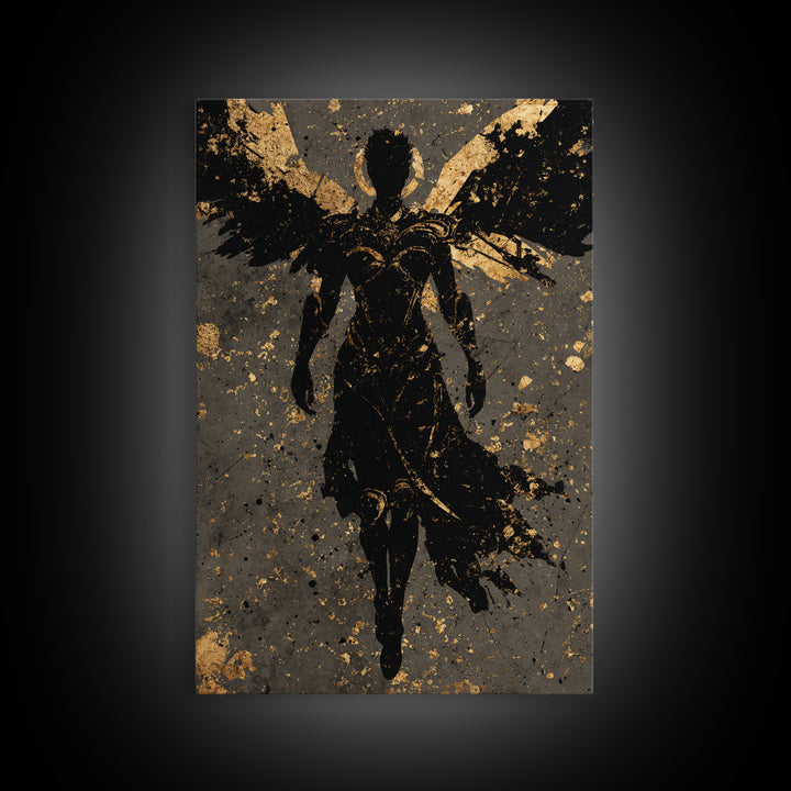 Nordic Valkyrie Canvas Gold Art Canvas Art, Norse Mythology Winged Warrior Goddess Wall Art for Man Cave Decor, framed in wood