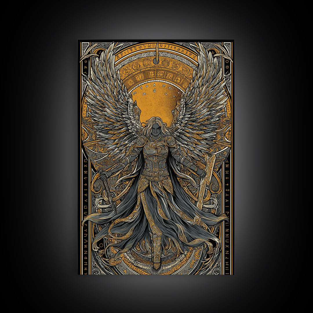 Valkyrie Ascending Canvas Gold Art Canvas Art, Norse Mythology Winged Protector Wall Decor for Dad Gift Office Art, real wood frame