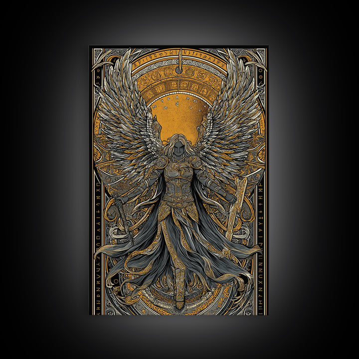 Valkyrie Ascending Canvas Gold Art Canvas Art, Norse Mythology Winged Protector Wall Decor for Dad Gift Office Art, real wood frame