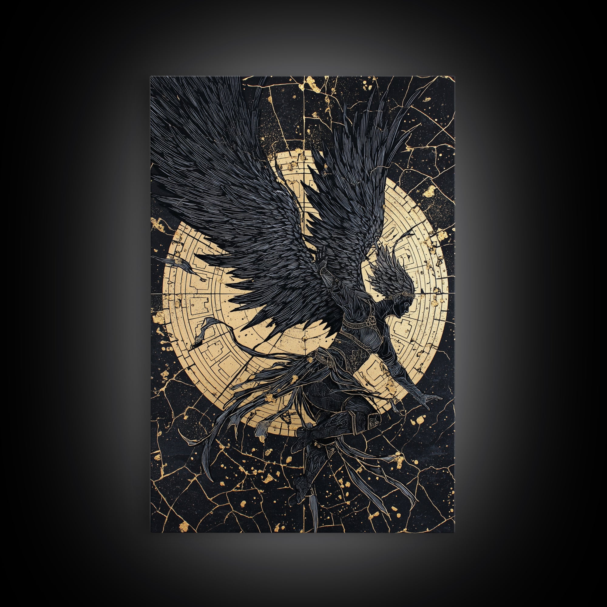 Golden Valkyrie Canvas Gold Art Canvas Art, Norse Mythology Female Warrior Wall Art for Man Cave Office Decor, in real wood frame