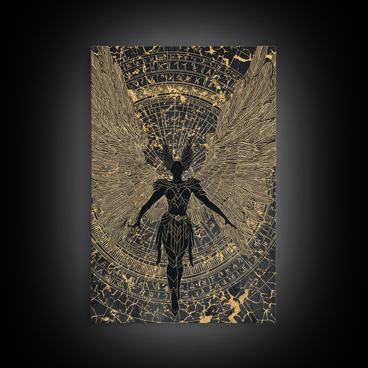 Shieldmaiden Valkyrie Canvas Gold Art Canvas Art, Norse Mythology Wall Art for Men’s Office Decor Dad Gift, framed in natural wood