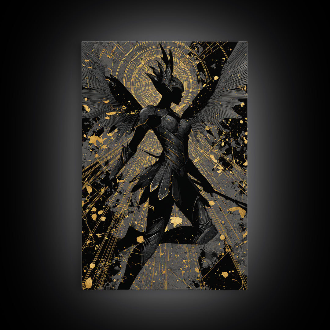 Valkyrie Guardian Canvas Gold Art Canvas Art, Norse Mythology Winged Warrior Wall Decor for Man Cave Dad Gift, real wood frame
