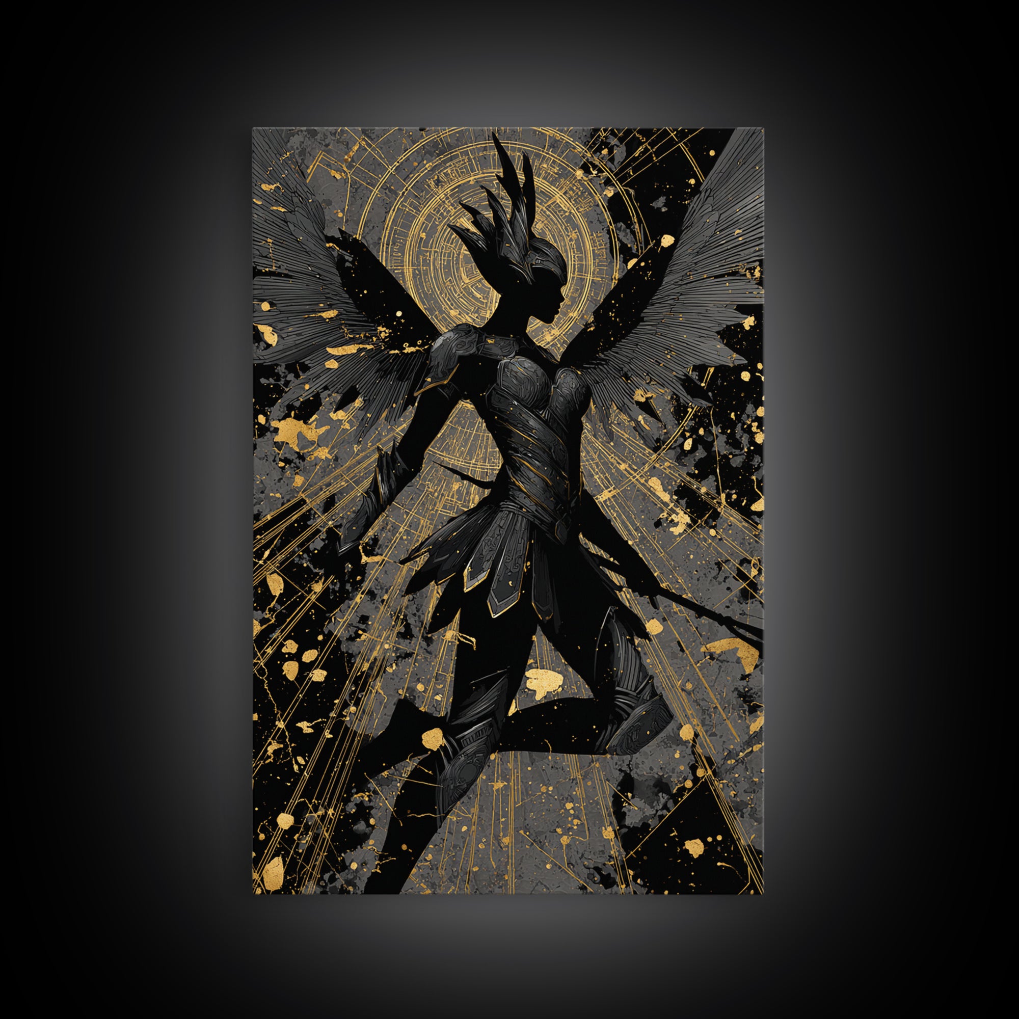 Valkyrie Guardian Canvas Gold Art Canvas Art, Norse Mythology Winged Warrior Wall Decor for Man Cave Dad Gift, real wood frame